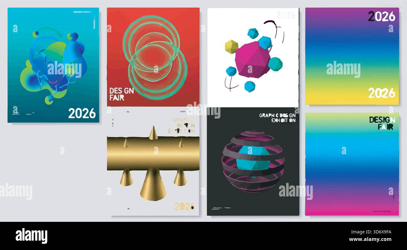 Abstrakte Design-Poster für eine Designmesse 2026. Farbenfrohes und modernes Grafikdesign. Sammlung von Vektorillustrationen. Stock Vektor
