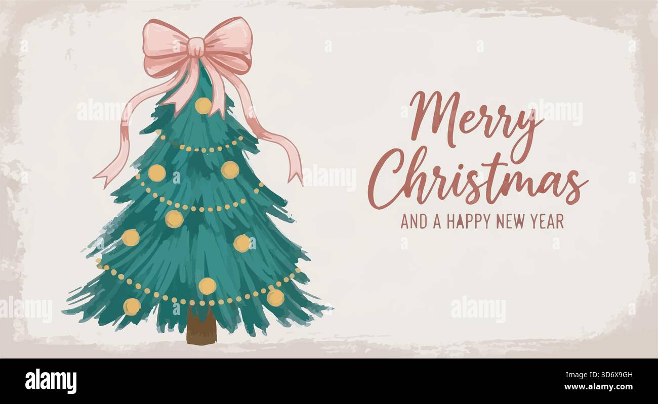 Weihnachtskarte mit Aquarell-Weihnachtsbaum, rosa Schleife und „Merry Christmas“-Text. Weihnachtsgrußkarte, Weihnachtszeit. Stock Vektor