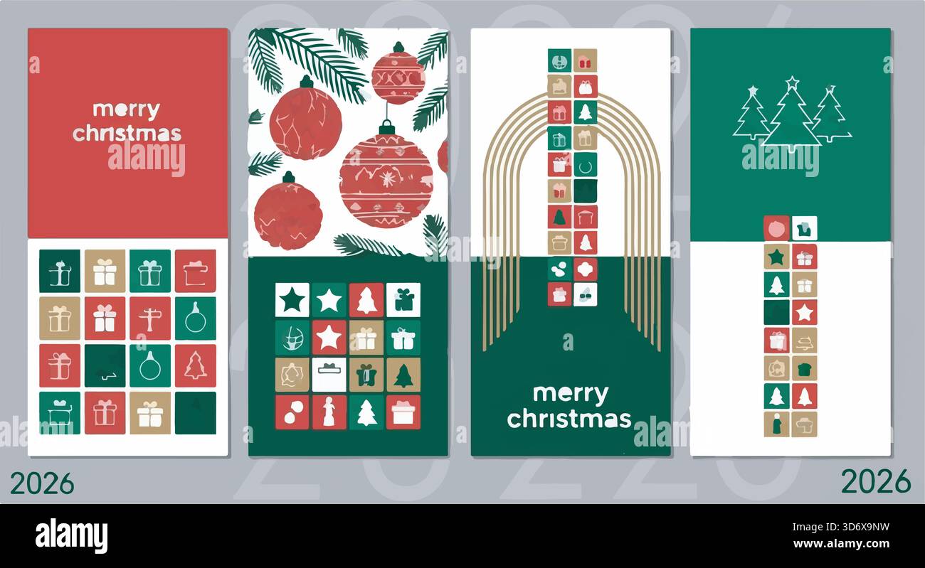 Set aus vier Retro-Weihnachtskarten mit Geschenken, Ornamenten und Bäumen in Rot, Grün und Gold. Moderne Weihnachtsgrüße. Stock Vektor