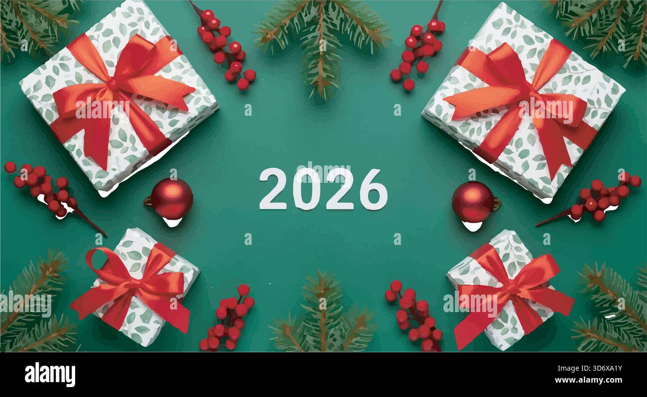 Frohes Neues Jahr 2026. Geschenkboxen mit roten Schleifen, Ornamenten, Beeren und Tannenzweigen auf grünem Hintergrund. Festliche flache Ladefläche. Stock Vektor
