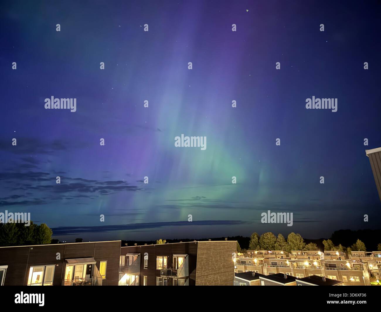 Sanfte grüne und lila Auroras leuchten über einem ruhigen Viertel und erstrahlen den Nachthimmel in sanften, traumhaften Farben. - Smartphone-aufgenommenes Stockfoto