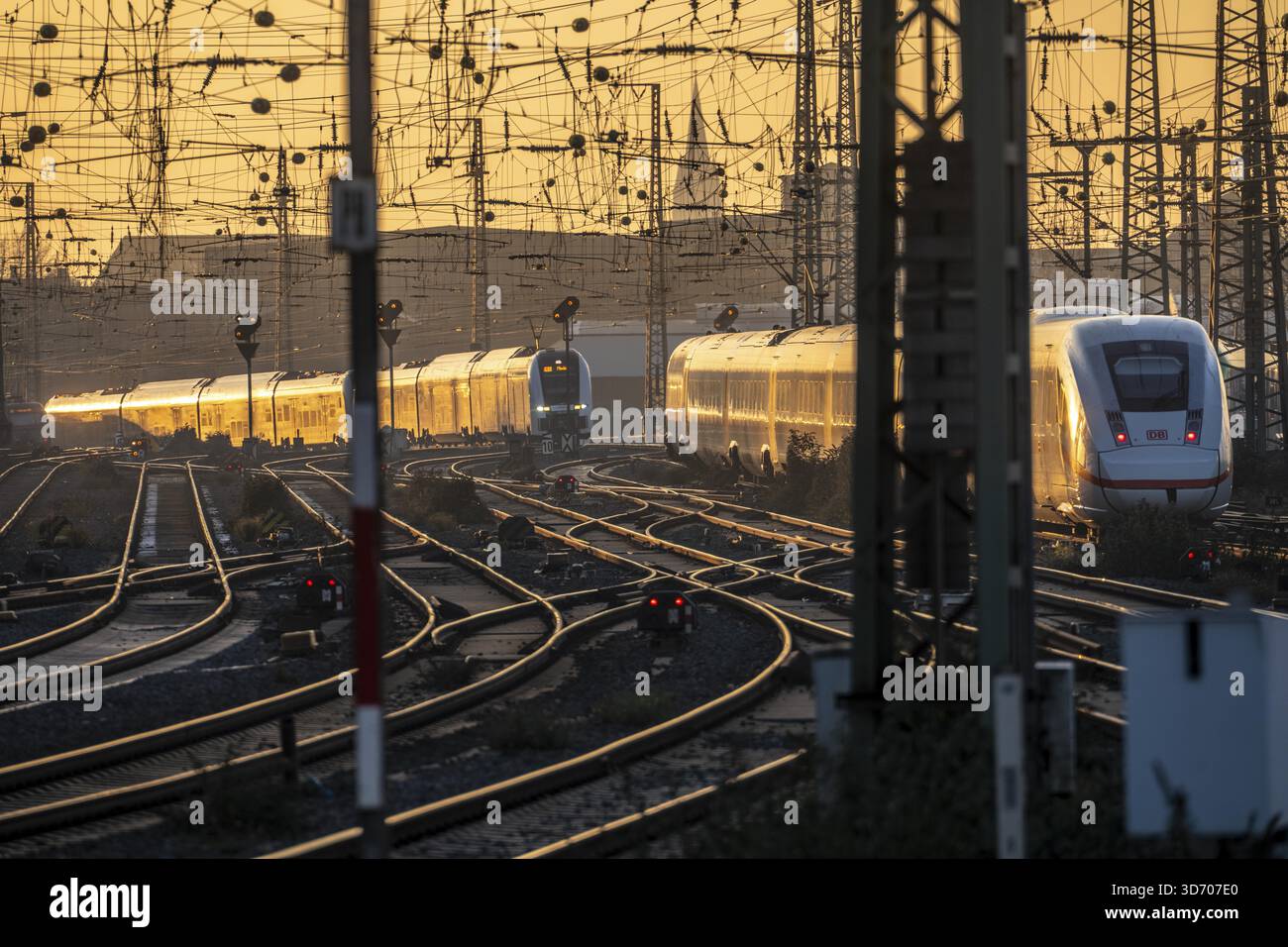 Nahverkehrszüge auf den Gleisen, westlich des Dortmunder Hauptbahnhofs, ICE, RRX Zug, Nordrhein-Westfalen, Deutschland Stockfoto