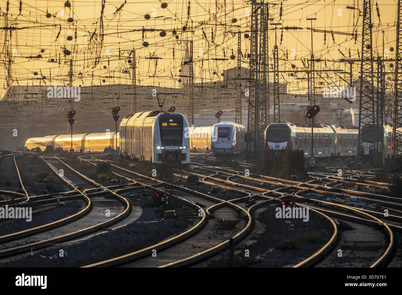 Nahverkehrszüge auf den Gleisen, westlich des Dortmunder Hauptbahnhofs, ICE, RRX Zug, Nordrhein-Westfalen, Deutschland Stockfoto