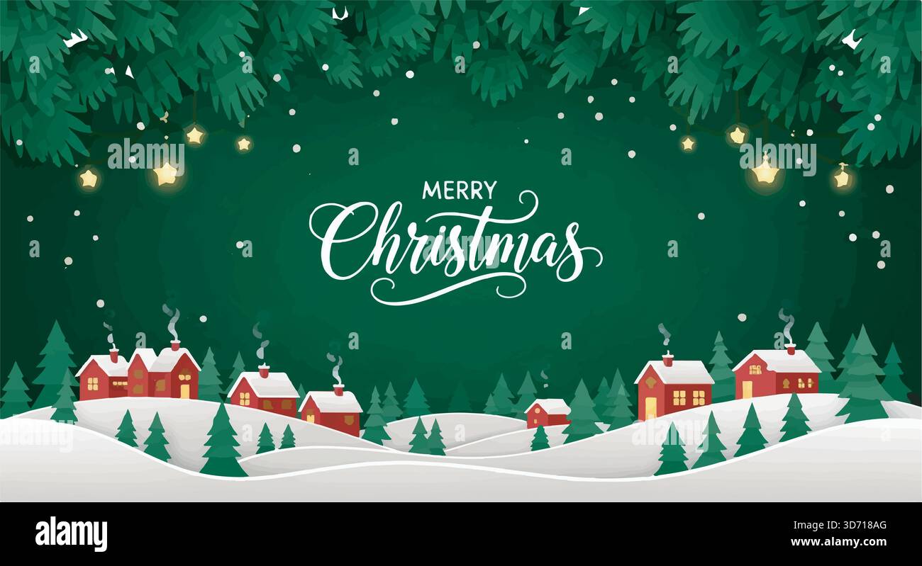 Frohe Weihnachtskarte mit Häusern in Schneelandschaft, Tannenzweigen und Sternen auf grünem Hintergrund. Festliches Weihnachtsdesign. Stock Vektor