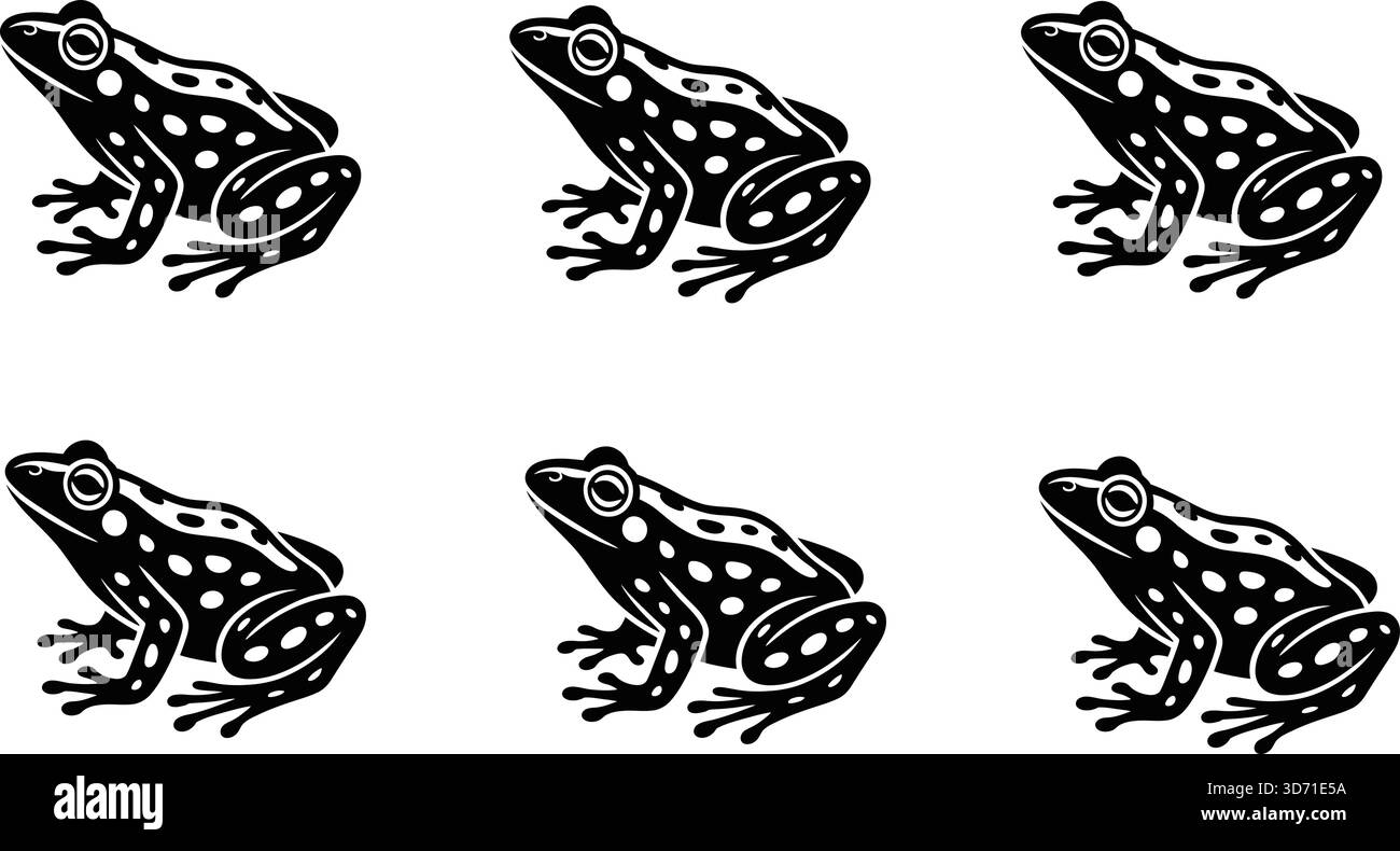 Set mit sechs seitlichen Illustrationen mit gepunkteten Gliedmaßen und runden Augen in Schwarz-weiß Stock Vektor