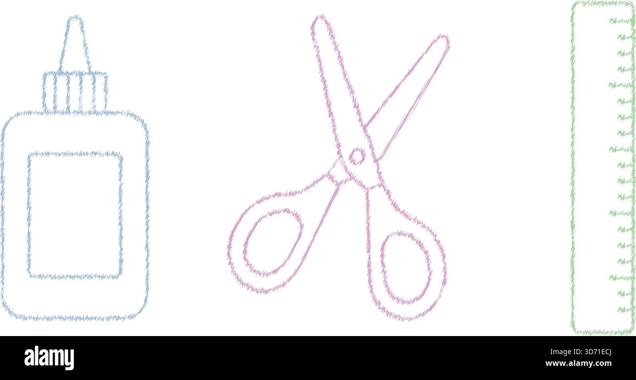 Eine Anordnung aus einer Kleberflaschenschere und einem Lineal, dargestellt als aufgeräumte Strichzeichnungen Stock Vektor