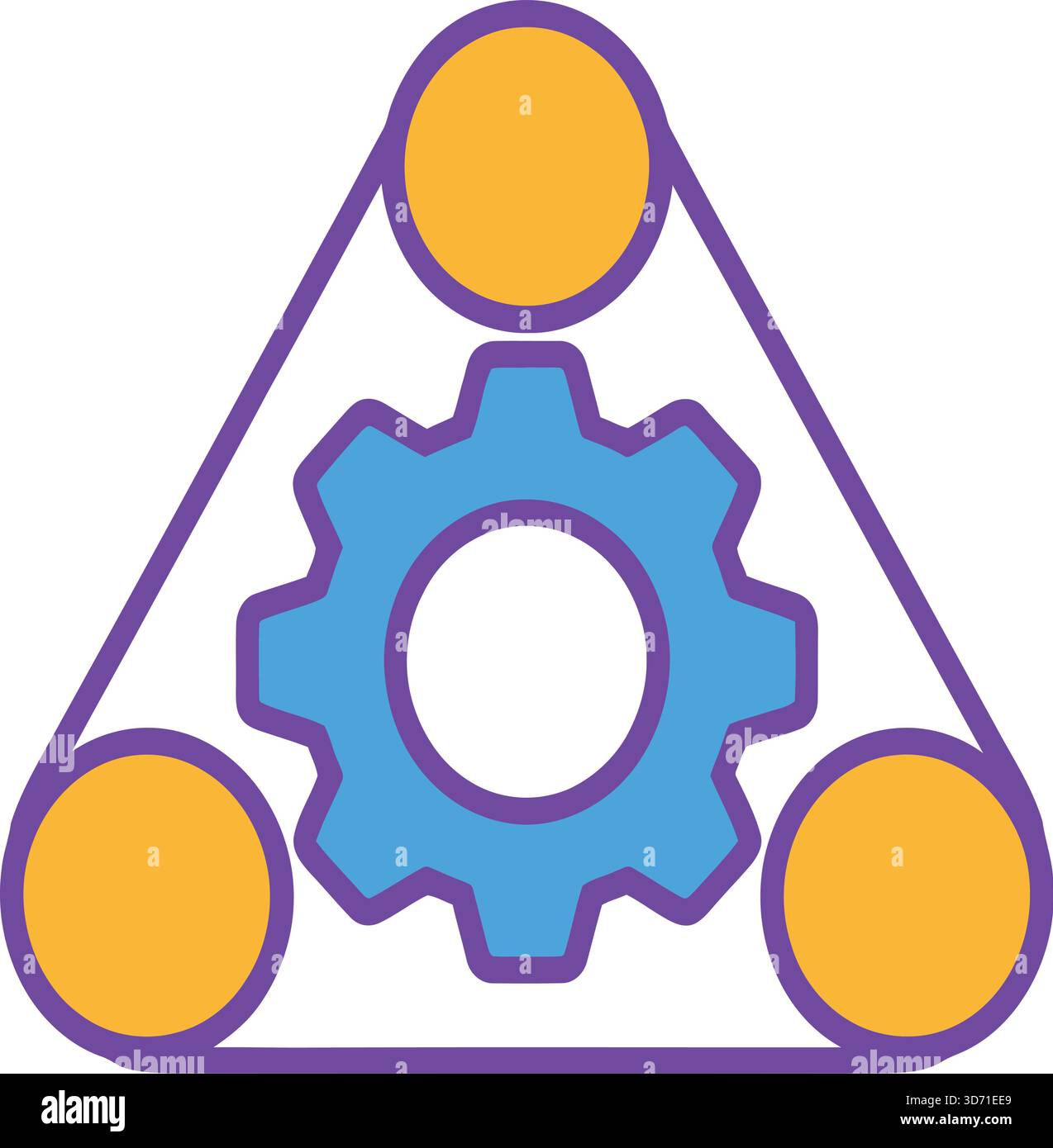 Dreiecksdiagramm mit Zahnradsymbol und drei orangefarbenen Knoten, die Themen Systemintegration, Workflow und kollaborative Prozesse darstellen Stock Vektor