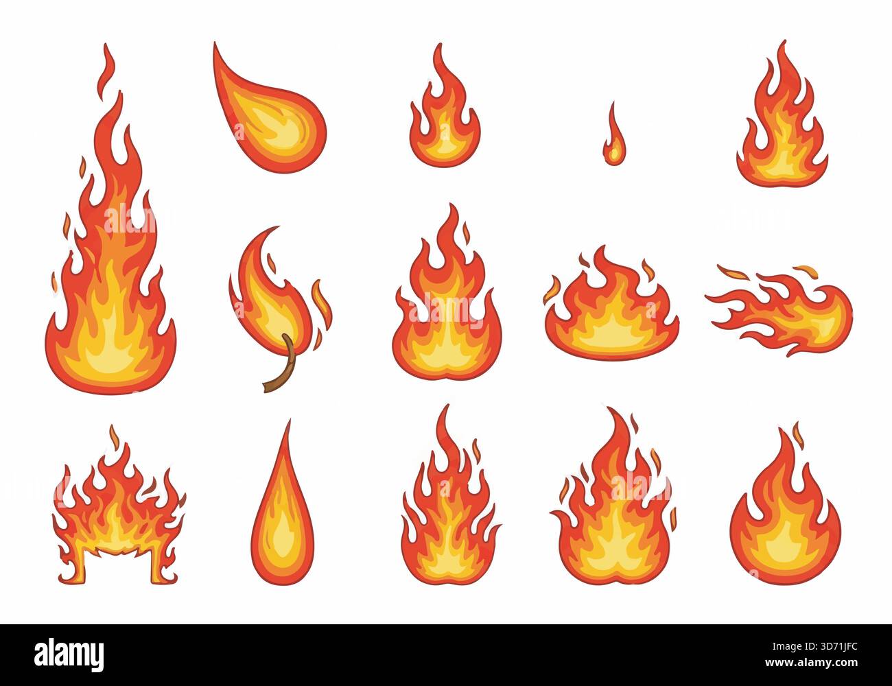 Comic Fire Set. Sammlung von Flammendarstellungen. Vektorbrennende Lagerfeuer-Elemente. Stock Vektor