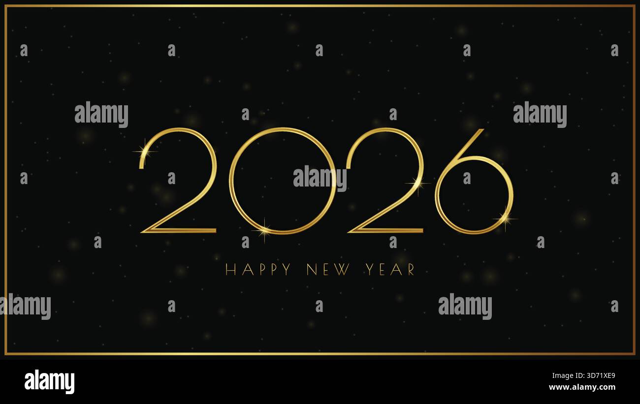 Minimalistisches Happy New Year 2026 Gold Art Deco Banner. Stock Vektor