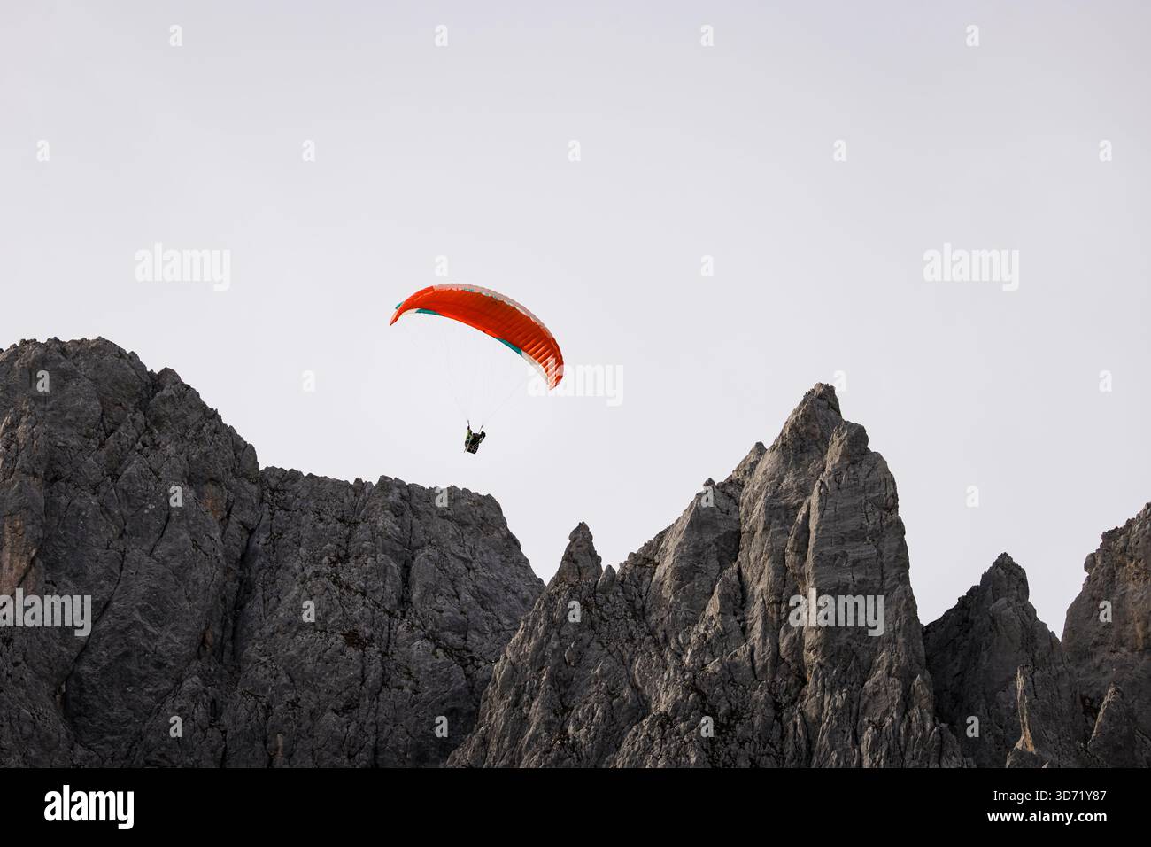 Ein einsamer Gleitschirmflieger schwingt in die Nähe der dramatischen Kalkfelsen des Wilden Kaisers in Tirol, Österreich. Das helle Baldachin steht im Kontrast zu Agave Stockfoto