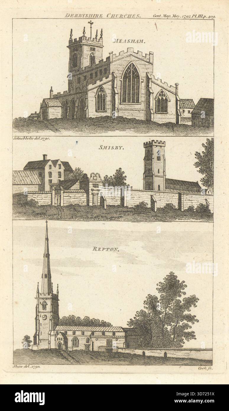 St Laurence Measham. St. James Smisby. St. Wystan Repton. Derbyshire Kirchen 1792 Stockfoto