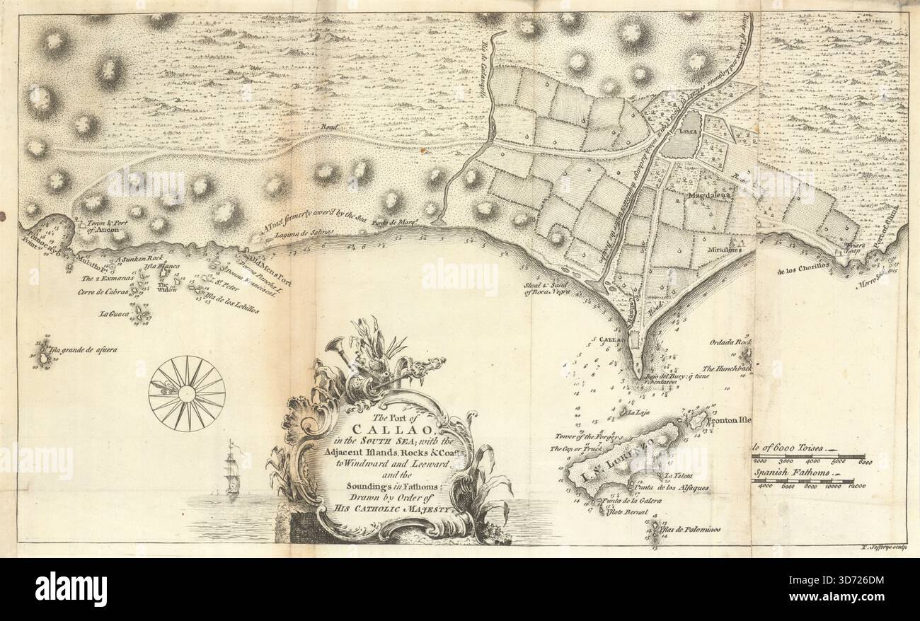 Der Hafen von Callao in der Südsee… Lima, Peru. JEFFERYS / Gents mag 1753 Karte Stockfoto