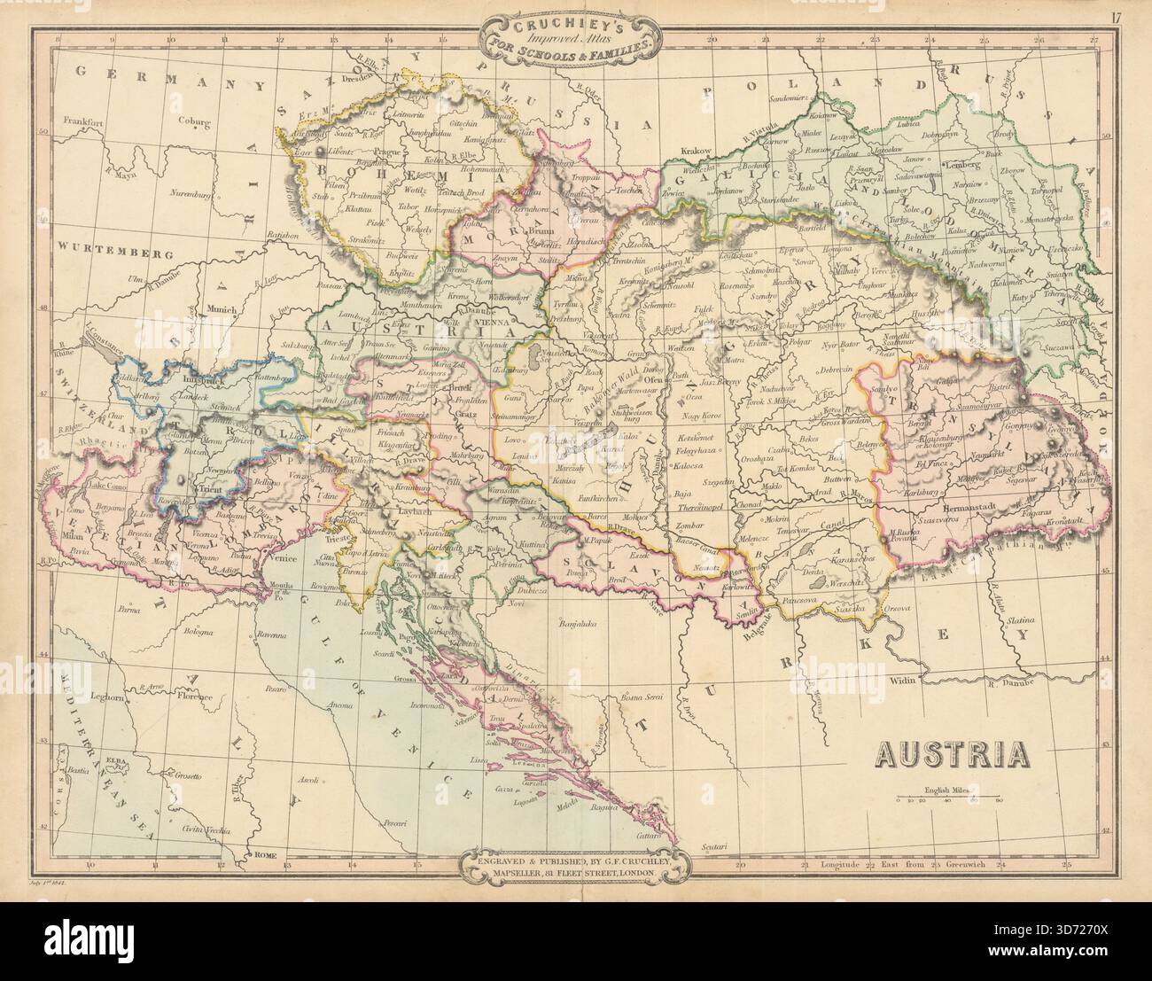 Österreichisches Reich. Venezianische Lombardei. Antike Karte von George Cruchley 1843 Stockfoto