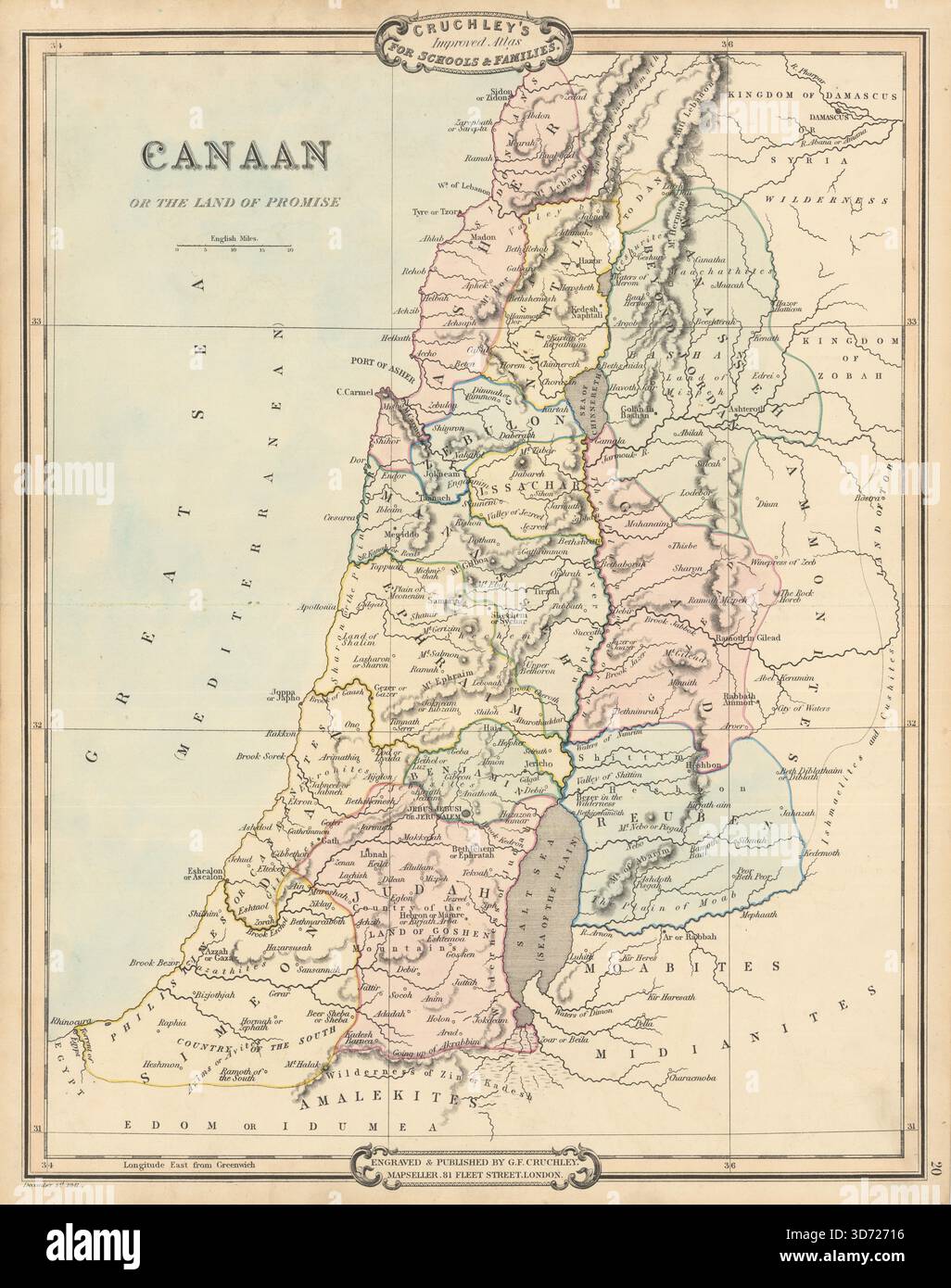 Kanaan oder das Land des Versprechens. Das Alte Palästina Israel. Cruchley 1843 alte Karte Stockfoto