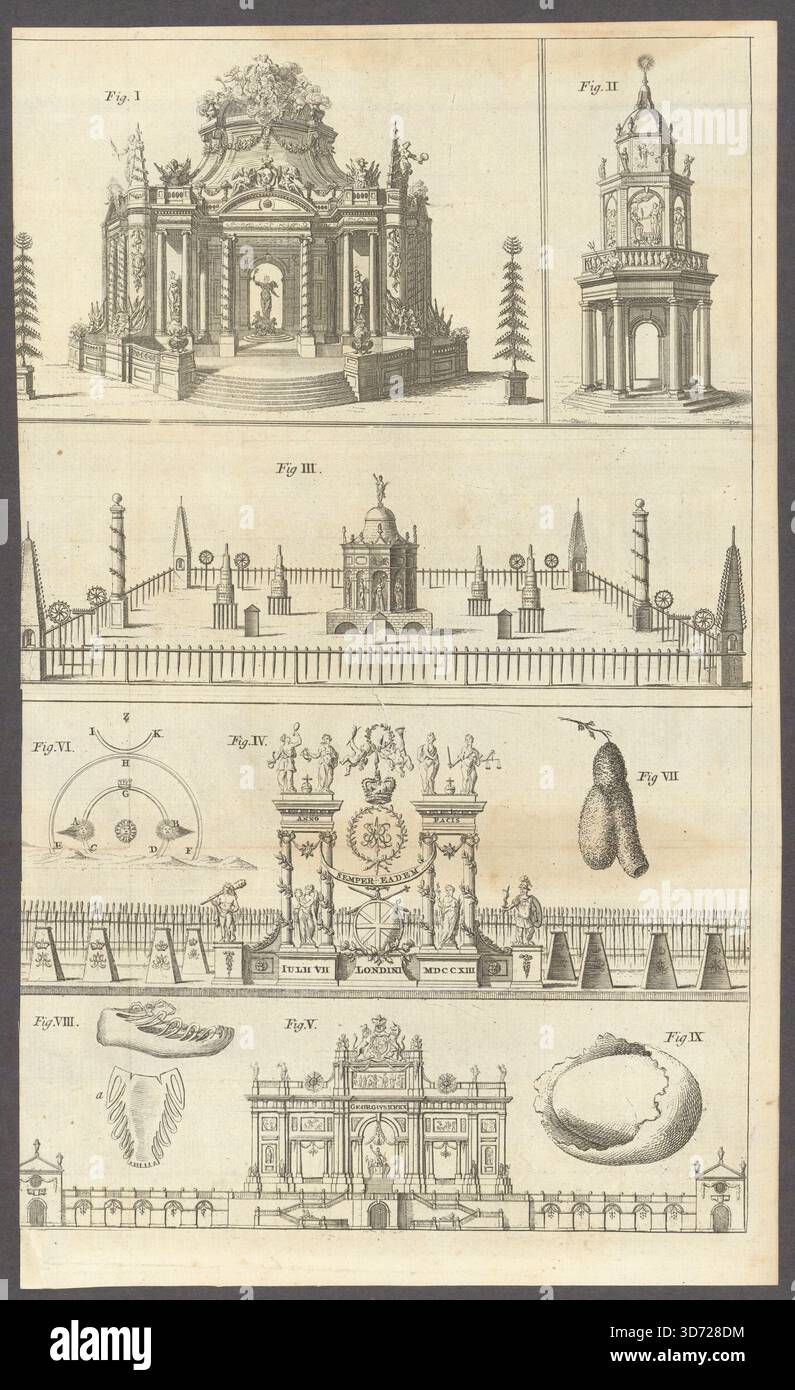 Denkmäler für den Frieden von Utrecht 1713 in Paris, Worcester & Dublin 1749 Stockfoto