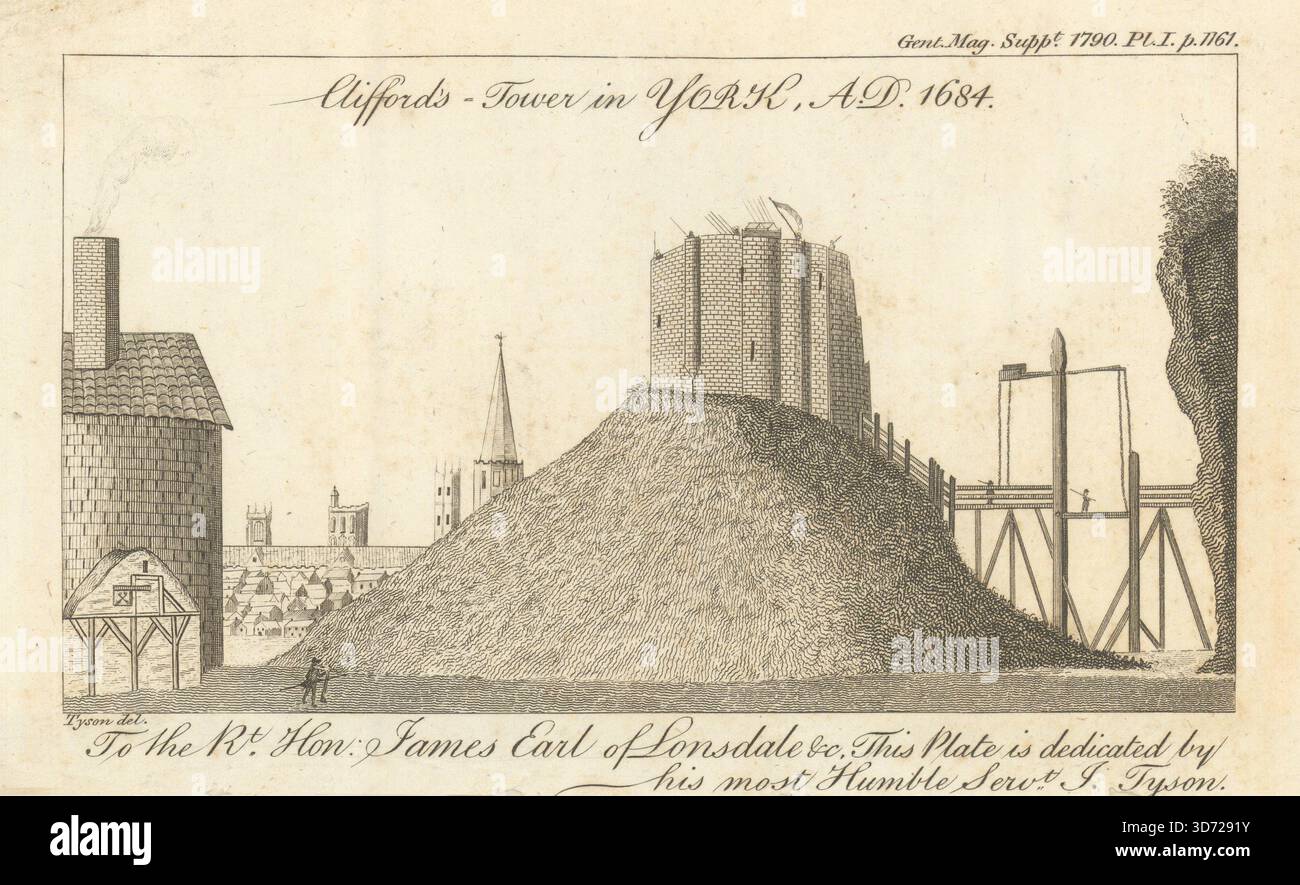 Clifford’s Tower in York 1684 n. Chr. York Castle. Gents mag 1790 alter Druck Stockfoto