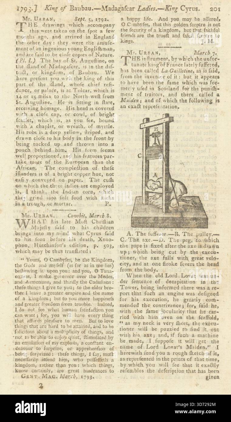 Guillotine, ähnlich wie Scottish Maiden. Französische Revolution. Gents Mag 1793 Stockfoto