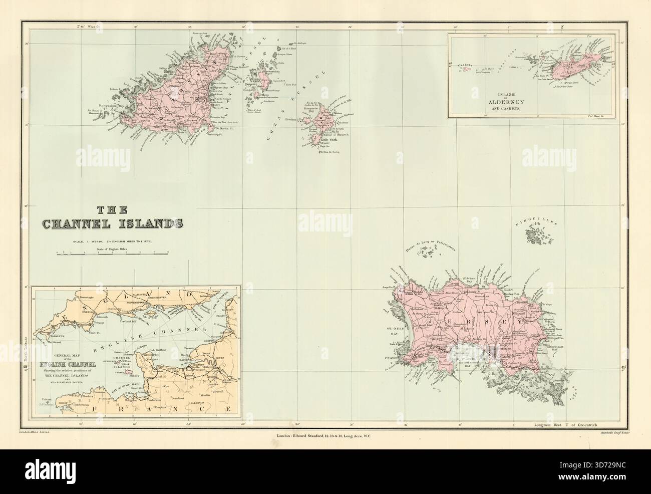 Kanalinseln. Guernsey Jersey Alderney Sark Herm Caskets. STANFORD 1904 Karte Stockfoto