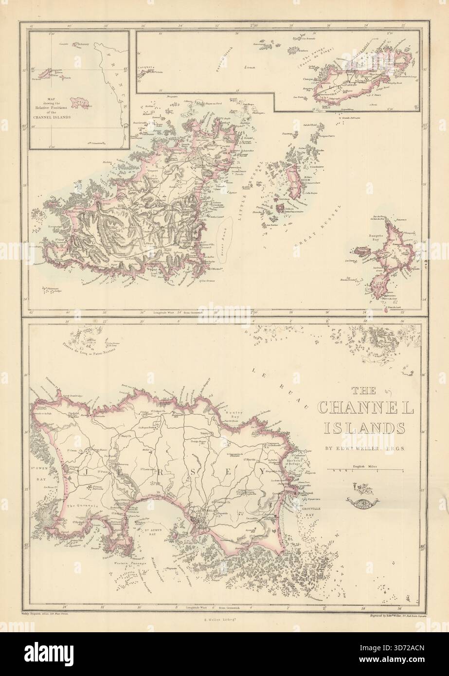 KANALINSELN. Guernsey Jersey Alderney Herm & Sark. Alte Karte VON WELLER 1863 Stockfoto