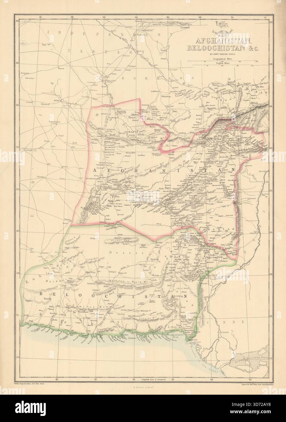 AFGHANISTAN UND BELOOCHISTAN. Pakistan. Kabul Karachi Quetta. WELLER 1863 Karte Stockfoto