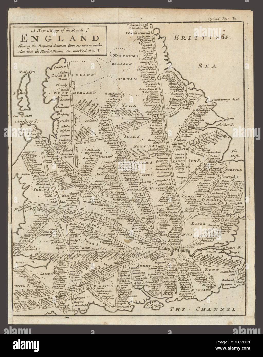 Ein neuer Mapp der Straßen Englands, der die vermeintlichen Entfernungen aufdeckt… MOLL. 1711 Stockfoto