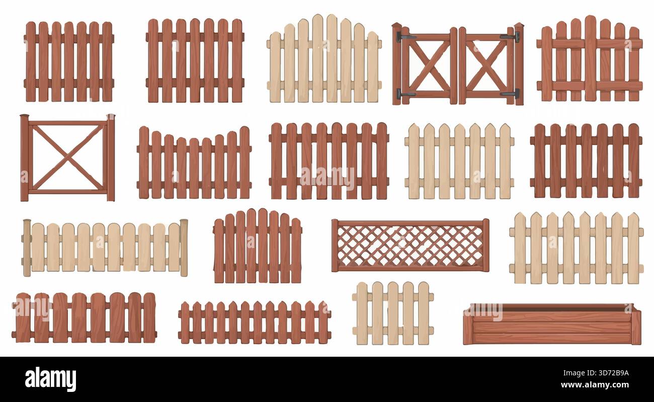 Zaunsatz. Sammlung von hölzernen Zäunen und Toren in verschiedenen Designs. Vektorillustration isoliert auf weißem Hintergrund. Stock Vektor