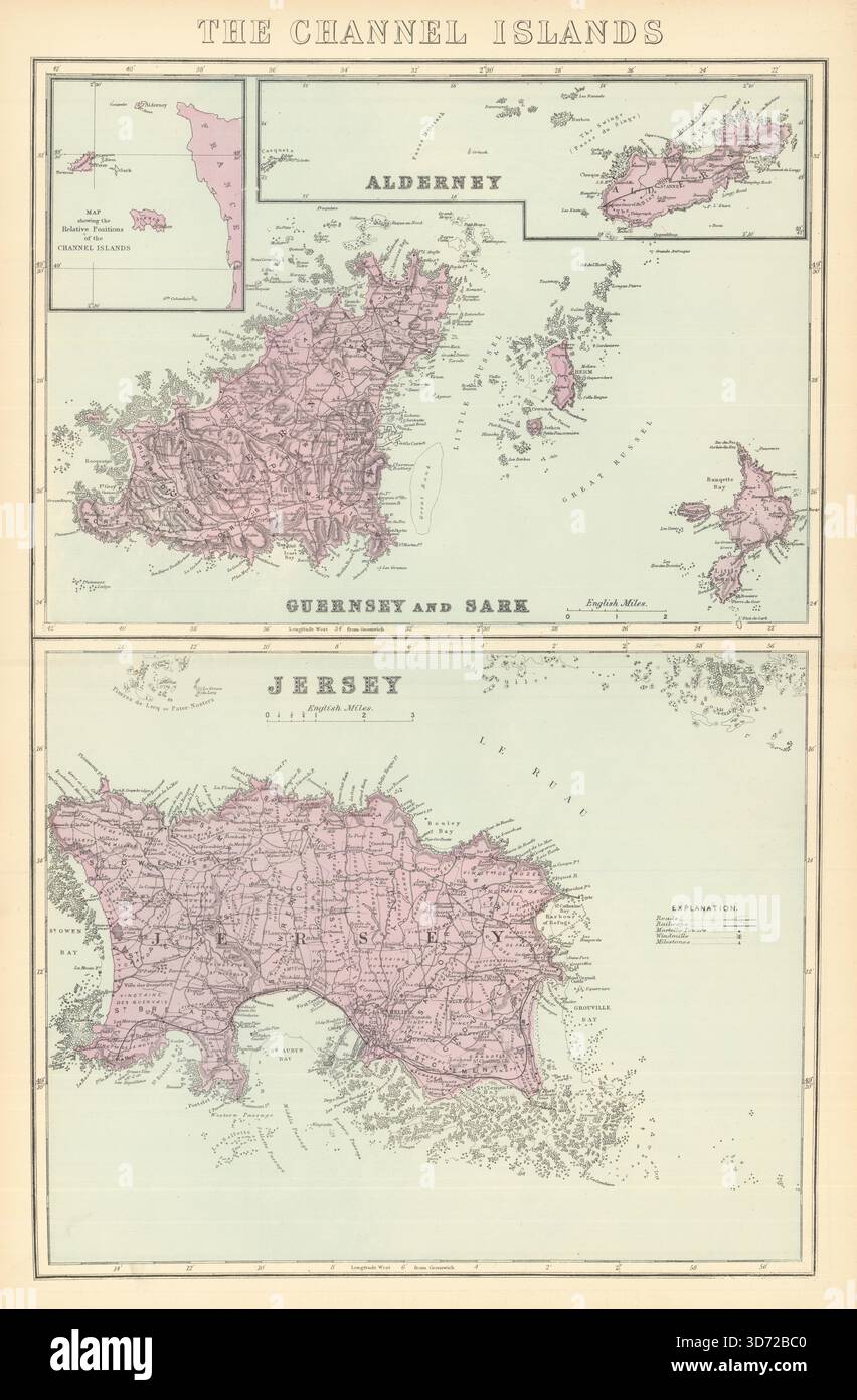 KANALINSELN. Alderney Guernsey Sark Jersey. Antike Karte von GW BACON 1884 Stockfoto