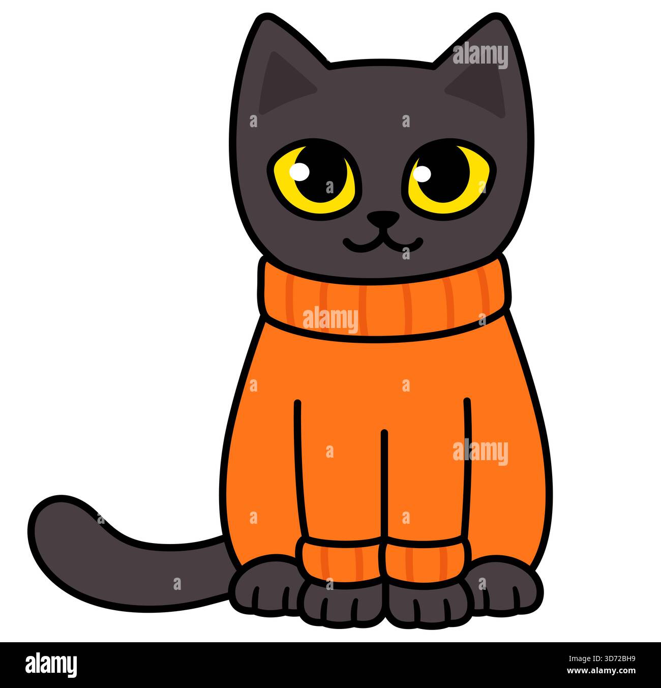 Niedliche schwarze Karikaturkatze in orangefarbenem Pullover. Kawaii-Vektor-ClipArt-Illustration. Stock Vektor