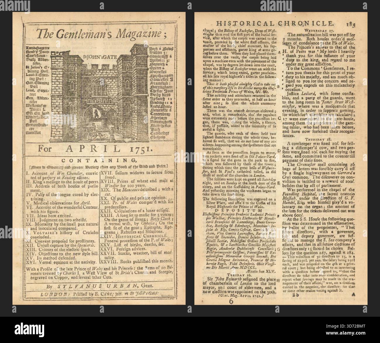 Bericht über eine Aufführung des Messias mit Händel, der die Orgel spielt. Gents Mag 1751 Stockfoto