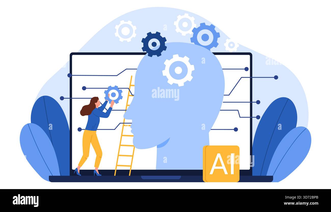 Weibliche Charaktere interagieren mit KI-Technologie, Zahnrädern und neuronalen Netzwerkverbindungen und repräsentieren maschinelles Lernen, Innovation und Datenwissenschaft, isoliert auf weißem Hintergrund Vektorillustration Stock Vektor