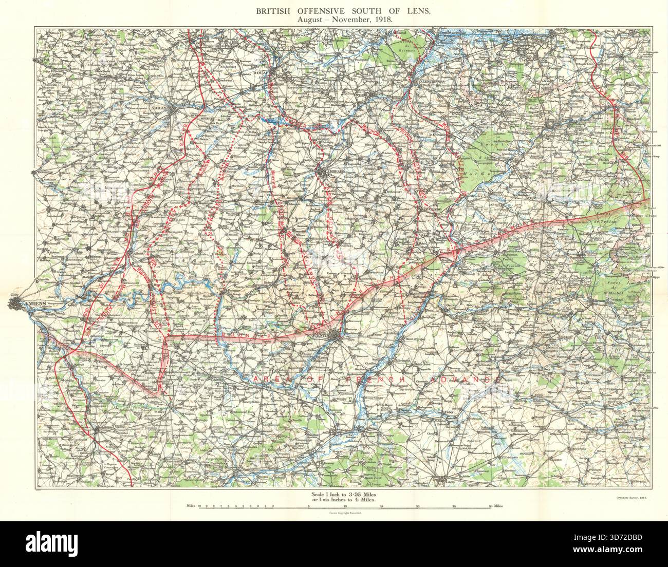 ERSTER WELTKRIEG. Britische Offensive südlich von Lens, August-November 1918 1937 Karte Stockfoto