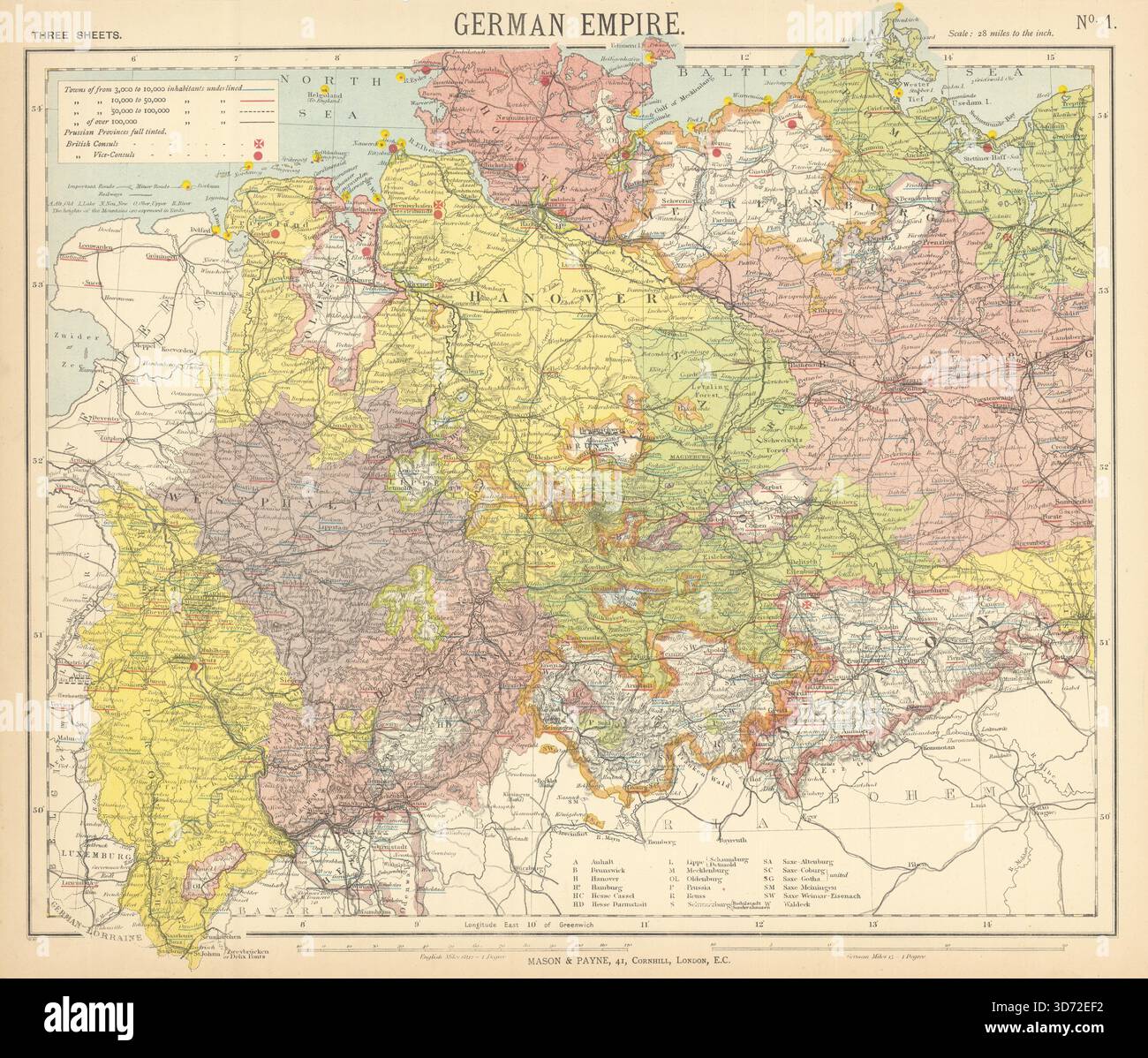 DEUTSCHES REICH. Preußische Provinzen. Leuchttürme. Britische Konsuln. Karte LETTS 1892 Stockfoto