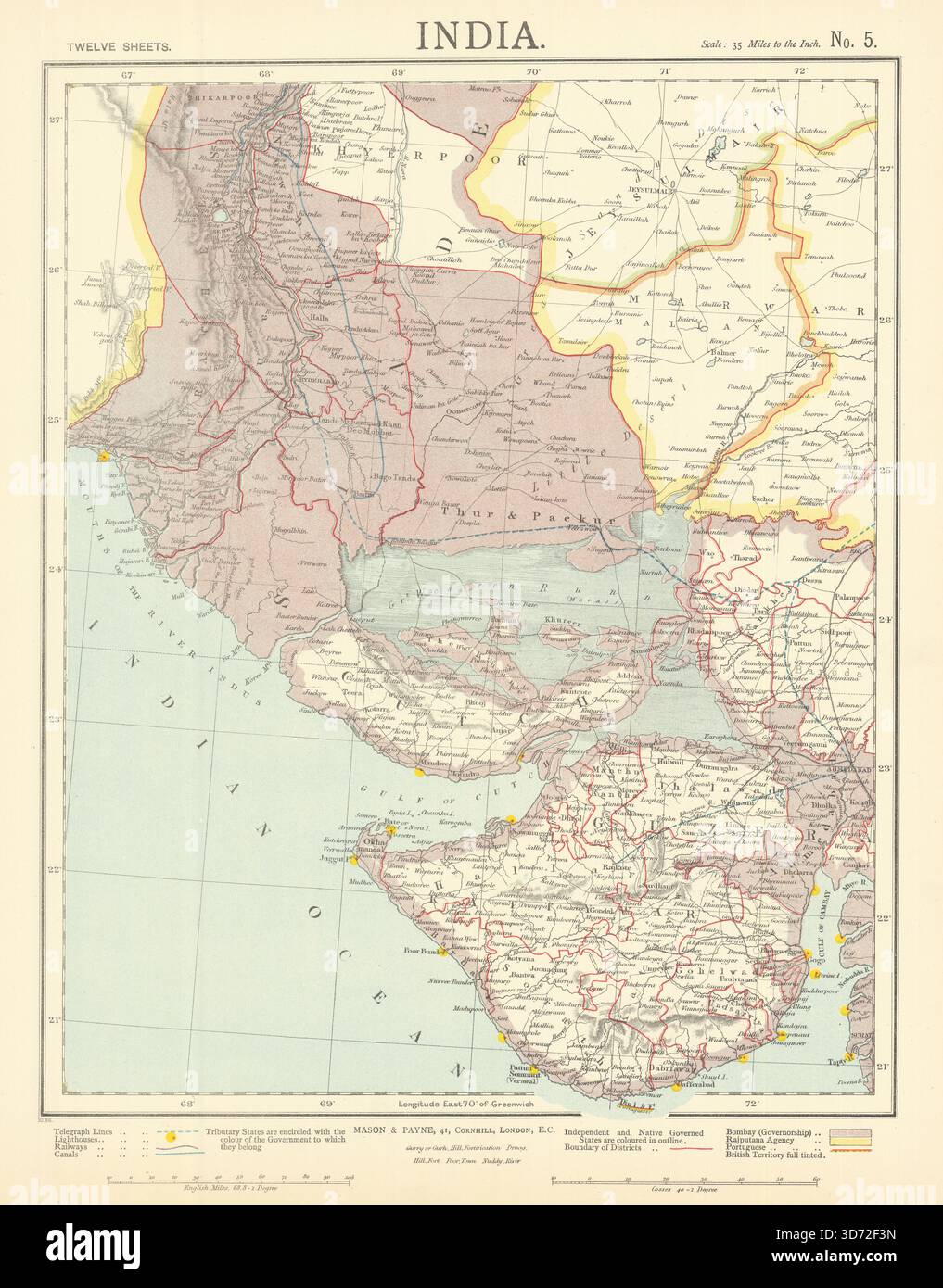 NW INDIEN UND SÜDPAKISTAN. Sindh Gujarat Karachi Hyderabad. Eisenbahnen. Karte LETTS 1892 Stockfoto