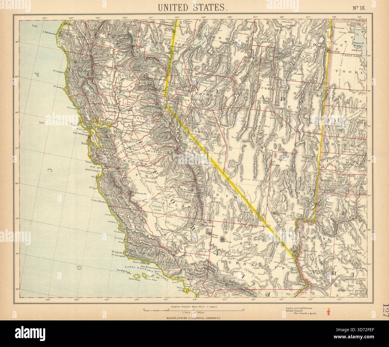 KALIFORNIEN UND NEVADA. Los Angeles San Francisco. Leuchttürme. Karte LETTS 1892 Stockfoto