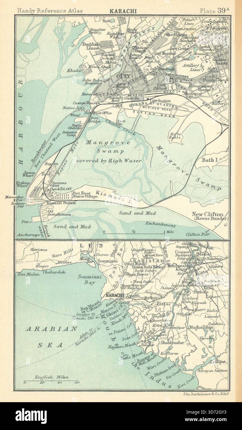 Stadtplan und Umgebung von Karatschi. Pakistan. BARTHOLOMEW 1909 alte antike Karte Stockfoto