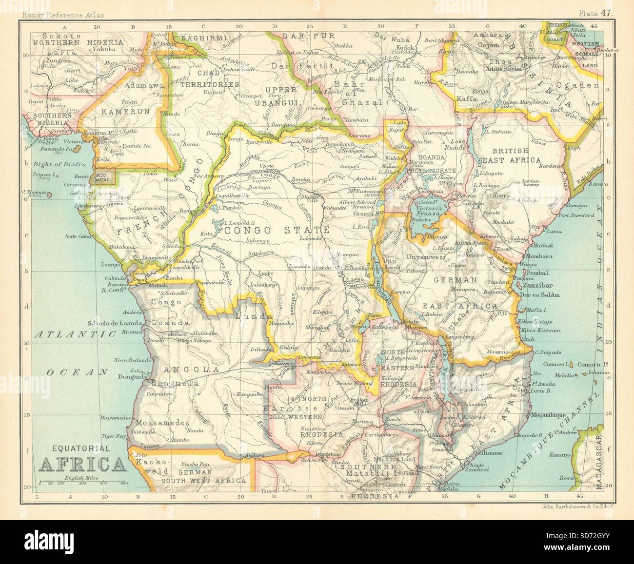 Koloniales Äquatorialafrika. Kongo-Staat. Kenia Tansania. Karte Zentralafrika 1909 Stockfoto