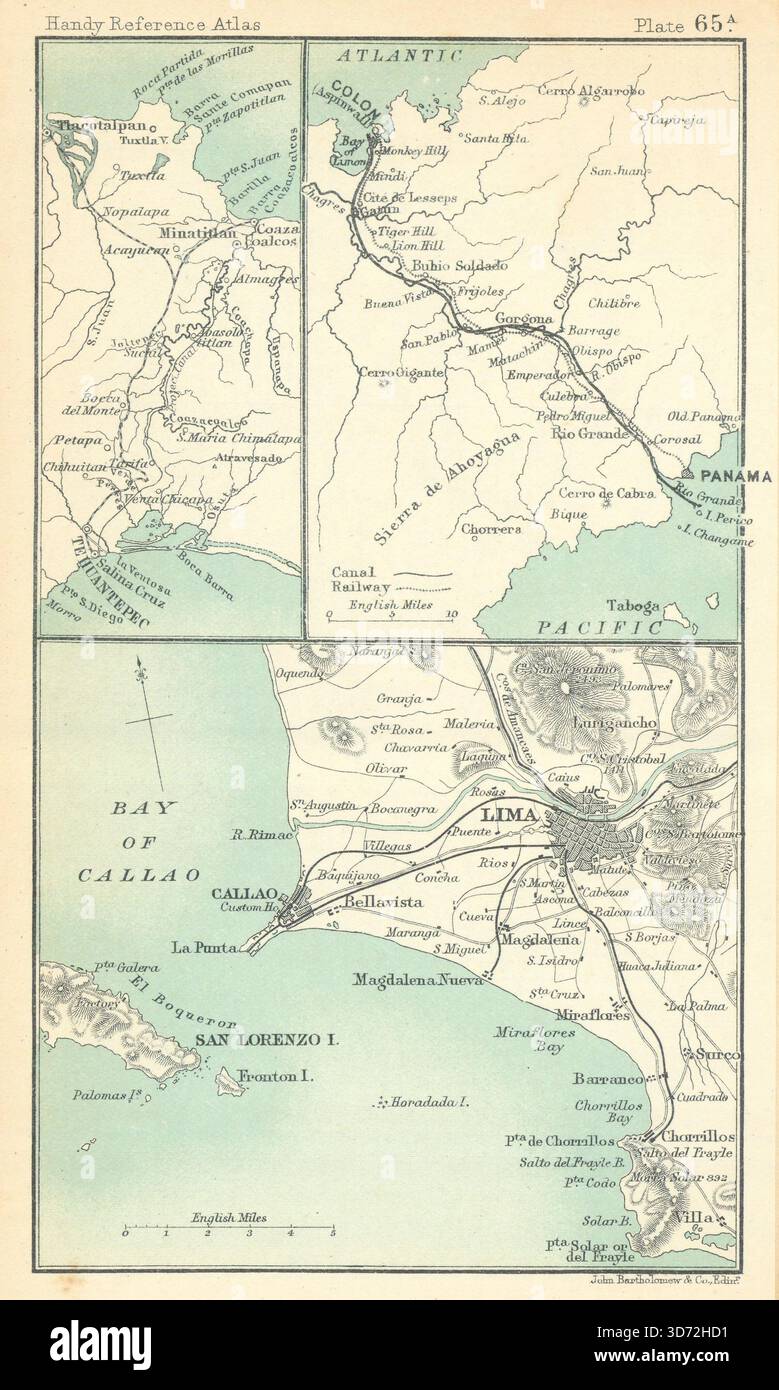 Umgebung von Lima und Callao. Panamakanal. Südamerika. BARTHOLOMEW 1909 Karte Stockfoto