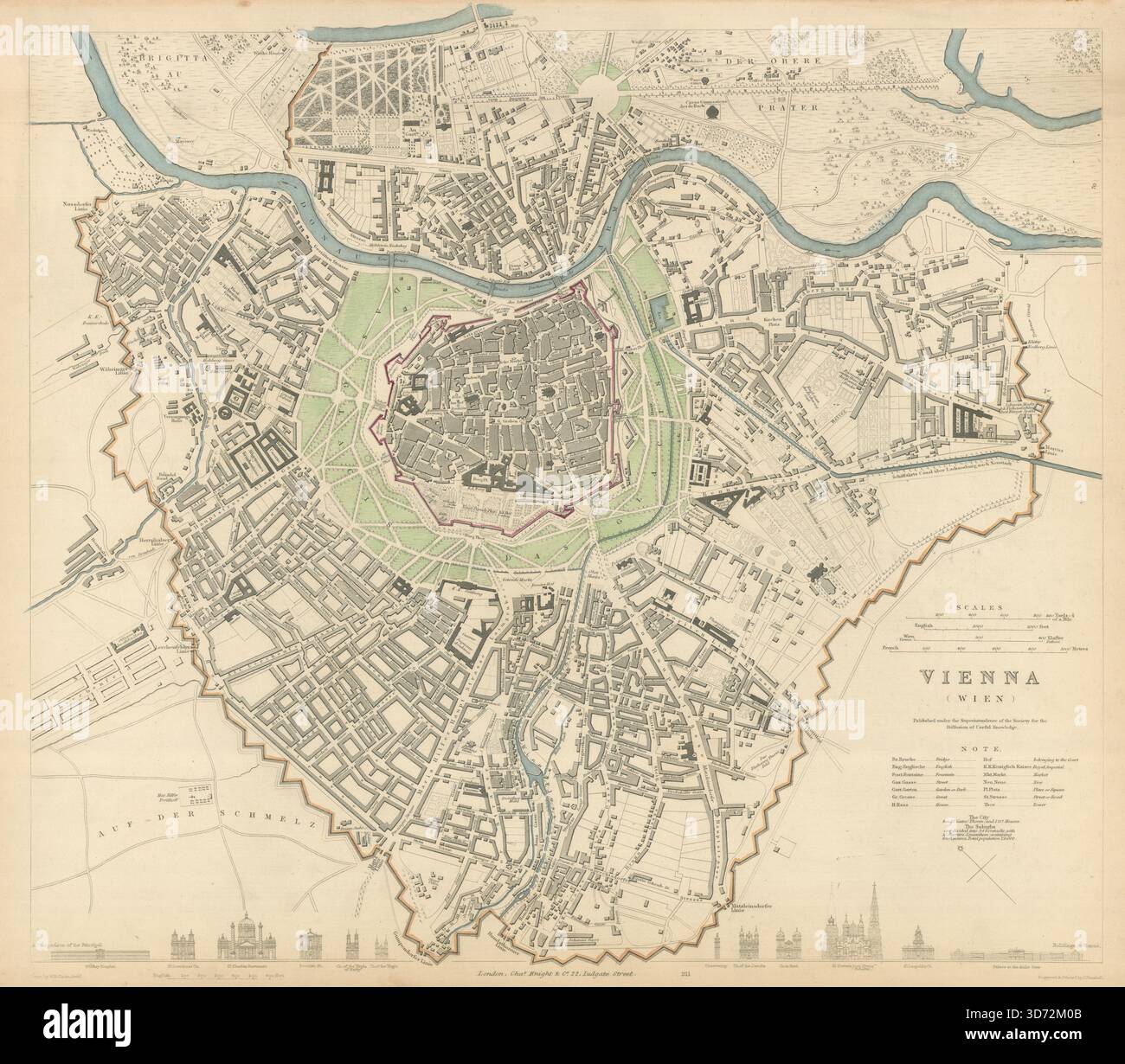 Wien Wien. Antike Stadt Stadtplan Plan. Die wichtigsten Gebäude Profile. SDUK 1847 Stockfoto