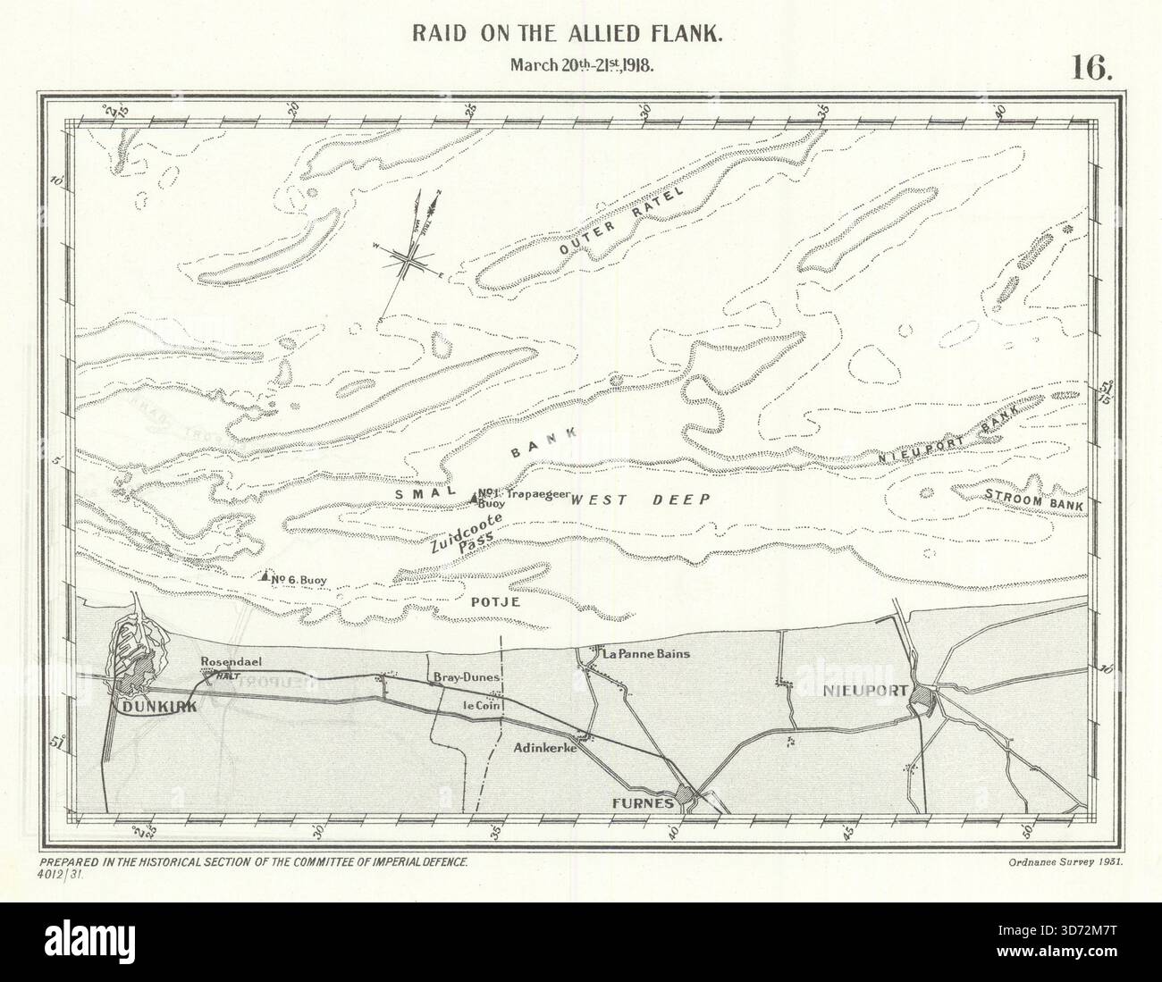 Deutscher Angriff auf die alliierte Flanke bei Dünkirchen am 20-21. März 1918. WW1 1931 alte Karte Stockfoto