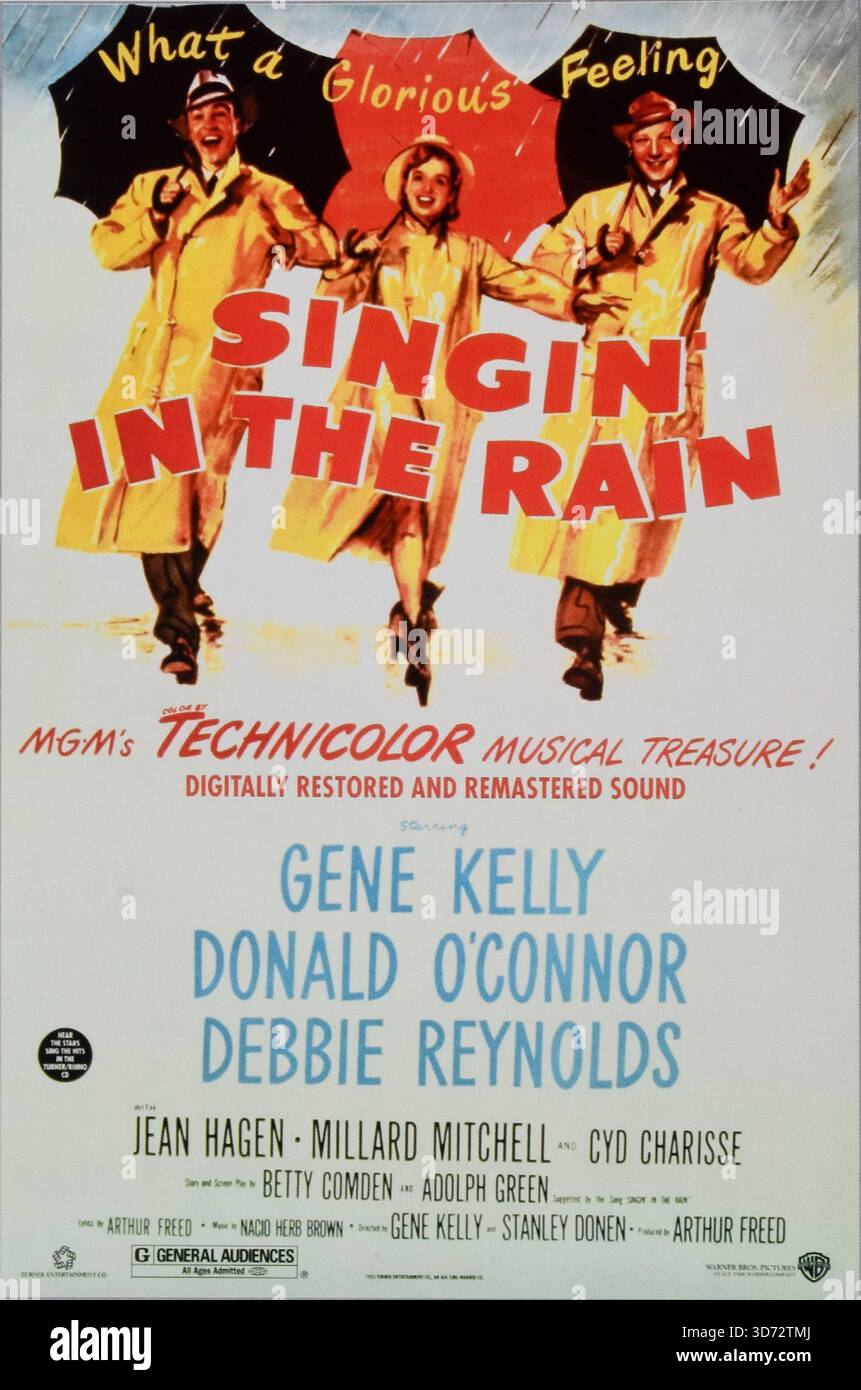 Singen in the Rain, 1952, US-amerikanischer Musikfilm von Gene Kelly und Stanley Donen mit Kelly, Donald O’Connor und Debbie Reynolds. Stockfoto