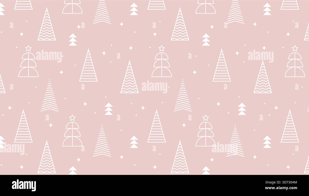 Nahtloses Winterhintergrundmuster mit linearen Weihnachtsbäumen und Schneeflocken. Frohe Weihnachten und frohe Feiertage. Vektorabbildung Stock Vektor