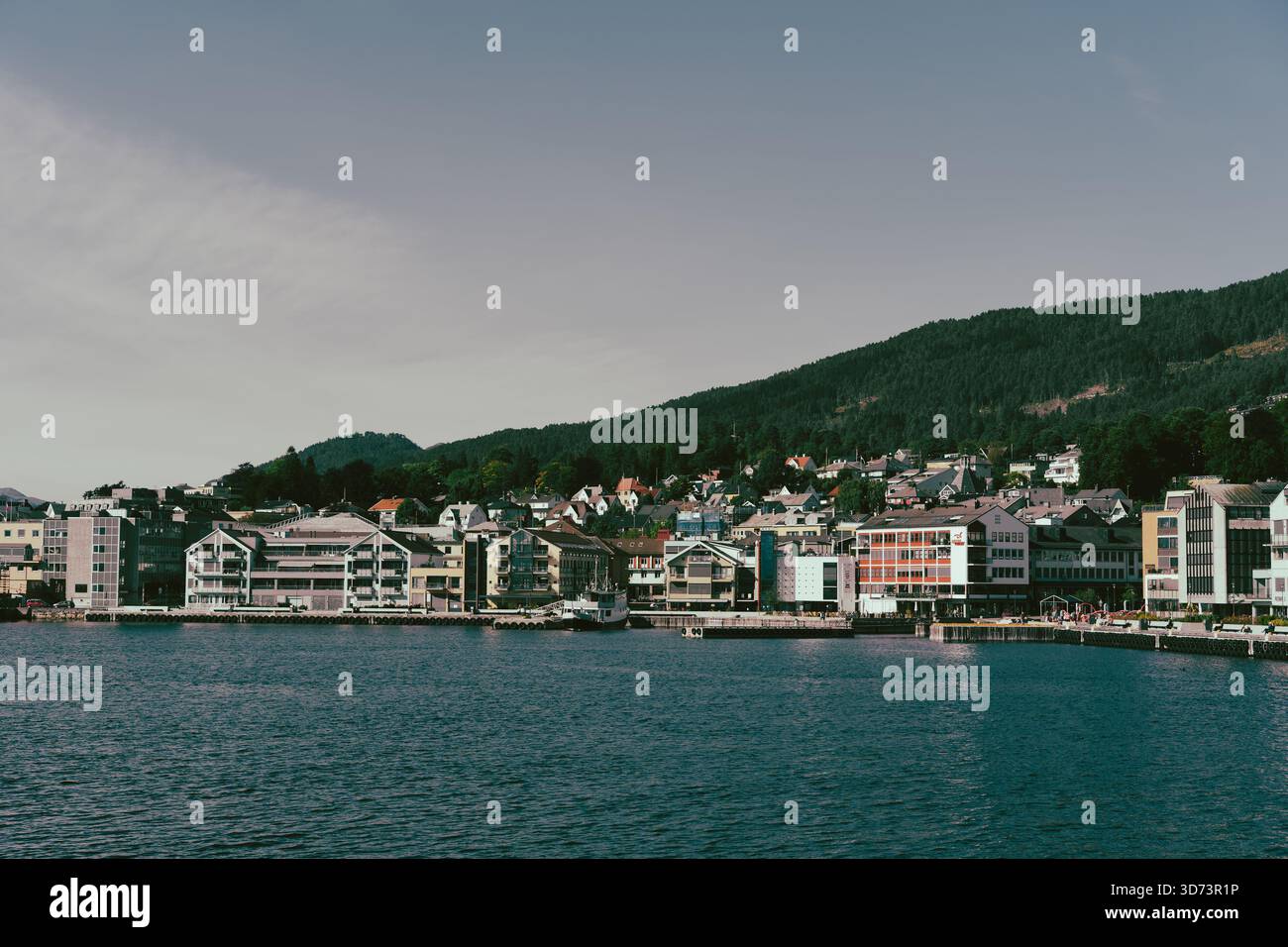 Eine wunderschöne kleine Stadt am Fjord, ideal gelegen mit wunderbarer Aussicht. Stockfoto