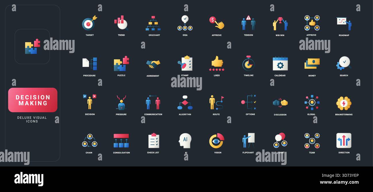 Symbole im flachen Farbverlauf mit Entscheidungsfindung, Teamwork, Kommunikation, Planung, Brainstorming, und Geschäftsprozesselemente auf dunkler UI-Hintergrundvektorgrafik. Stock Vektor