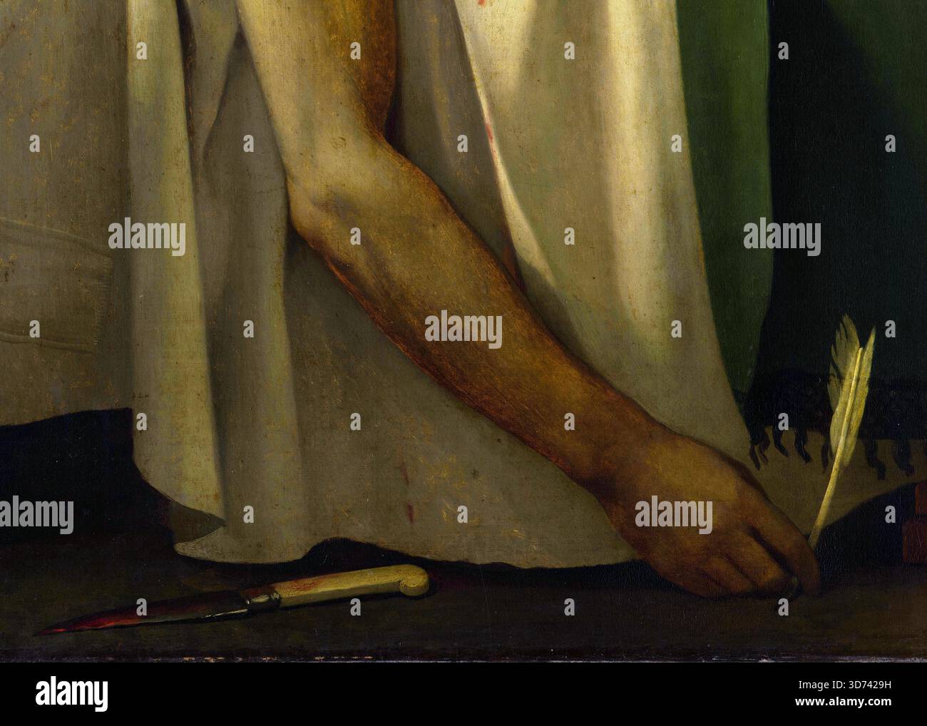 La Mort de Marat (der Tod von Marat), Detail aus dem Ölgemälde des französischen Künstlers Jacques-Louis David (1748–1825) von 1793, das den ermordeten Revolutionär Jean-Paul Marat (1743–1793) zeigt, der noch eine Feder hält, mit dem Charlotte Corday ihn auf dem Boden ermordete. Siehe Abbildung 3D7429D für vollständige Malerei. Stockfoto