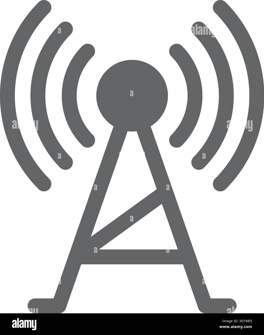 Ein Schwarzweißbild eines Funkturms mit einem Funkwellensymbol. Der Turm ist hoch und hat eine kegelförmige Form. Konzept von Technologie und Kommunikation Stock Vektor