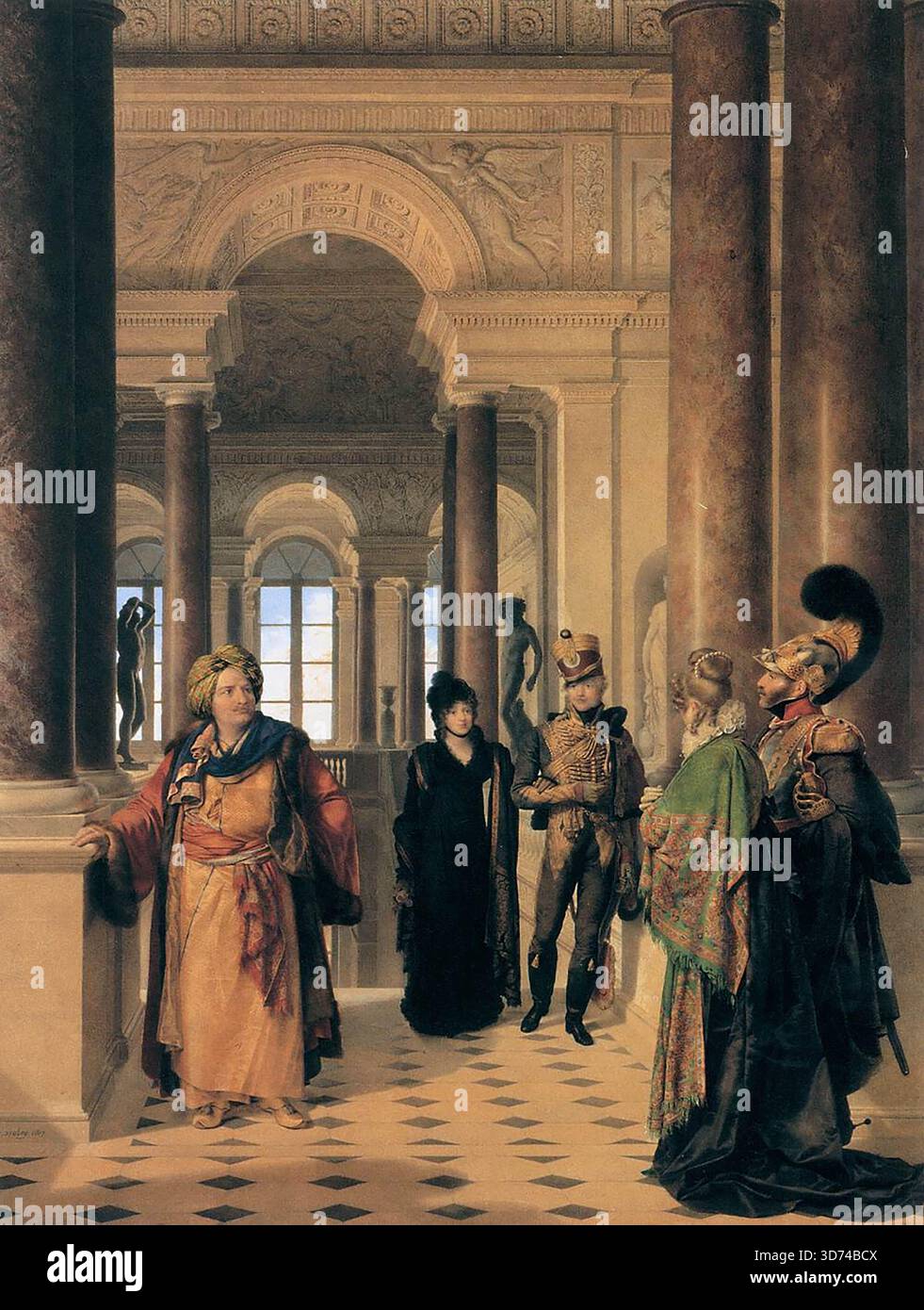 ISABEY, Jean-Baptist (* 1767, Nancy, d. 1855, Paris) das Museum Stairway 1817 Aquarell, 86 x 66 cm Mus?e du Louvre, Paris bei der Ausstellung auf dem Salon von 1817 erhielt dieses eindrucksvolle großformatige Aquarell kritische Anerkennung für die Genauigkeit seiner Ausführung und die empfindliche Farbwahl. Das Bild bietet einen Blick auf die monumentale Treppe aus dem Jahr 1812, die zur Apollo Rotunde und zum Salon Carr führte? Des Mus?e du Louvre. Die Treppe wurde 1855 abgerissen. --- Schlüsselwörter: ----------------- Autor: ISABEY, Jean-Baptist Titel: The Museum Stairway Time-line: 1801-185 Stockfoto