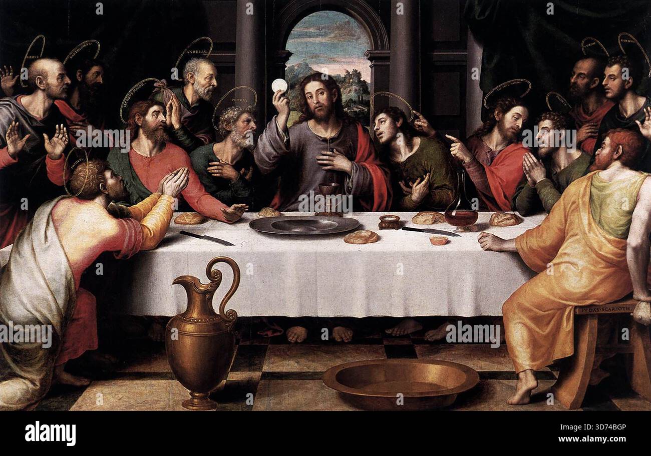 JUANES, Juan de (* um 1523, Fuente de la Higuera, d. 1579, Bocairente) das letzte Abendmahl 1560er-Tafelspiel, 116 x 191 cm Museo del Prado, Madrid im zweiten Drittel des 16. Jahrhunderts geriet eine Reihe spanischer Maler stark unter den Einfluss von Raphael. Typisch in dieser Hinsicht sind in Valencia die Mitglieder der Familie Masip: Vicente Masip und sein Sohn Juan Juanes (Vicente Juan Masip). Die Arbeit des letzteren, meist später als 1550, zeichnet sich durch eine gewisse formalistische Ausgestaltung der Anweisungen seines Vaters aus und fehlt keinesfalls an Anmut oder Geschick. Juan de Juane Stockfoto