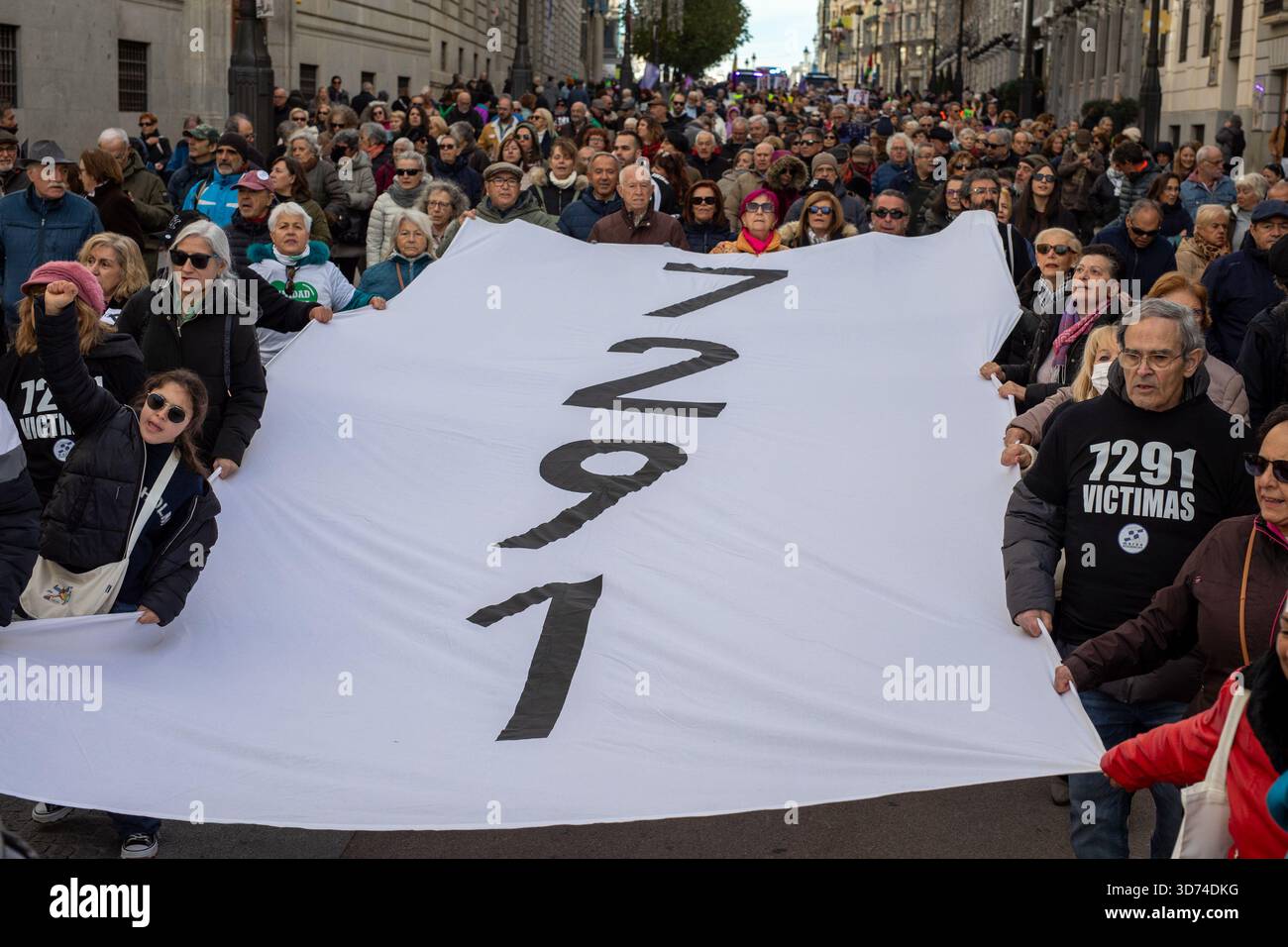 Madrid, Spanien. November 2025. Demonstration der Pflegeheime-Bewegung in Madrid, um Gerechtigkeit für die Opfer der Pandemie zu fordern und eine Änderung des Pflegemodells zu fordern. Quelle: D. Canales Carvajal/Alamy Live News Stockfoto