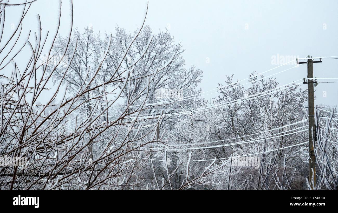 Verschneite Landschaft mit Stromleitung Stockfoto