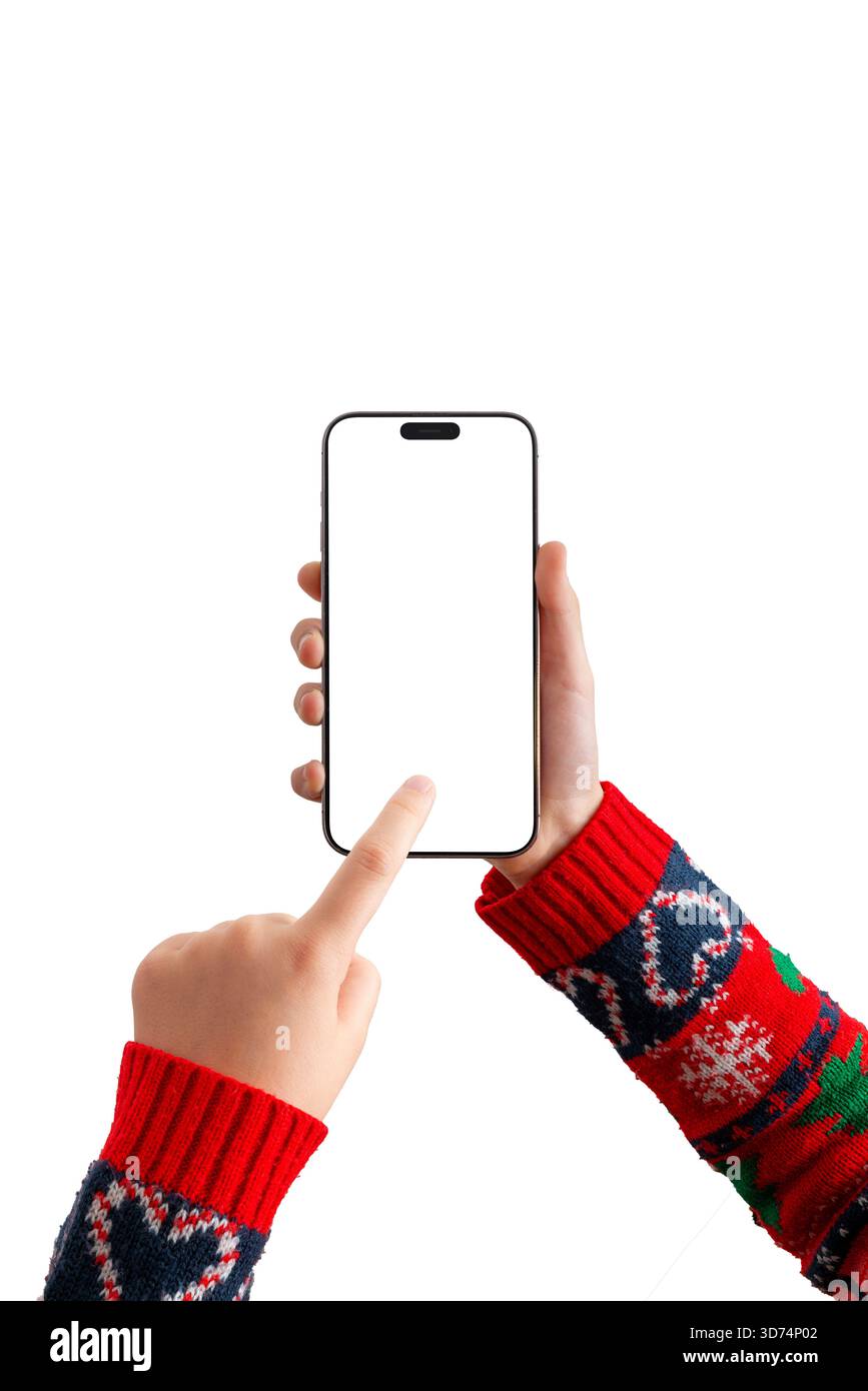 Hände halten Smartphone mit leerem Bildschirm auf weißem Hintergrund, ideal für App-Mockups, UI-Präsentationen, Produktpräsentationen Stockfoto